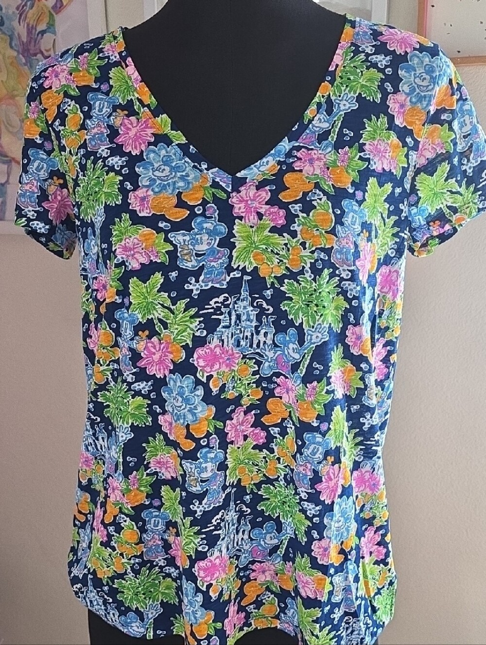 Disney Navy V-Neck Short Sleeve Tee with Multicolor Floral Print